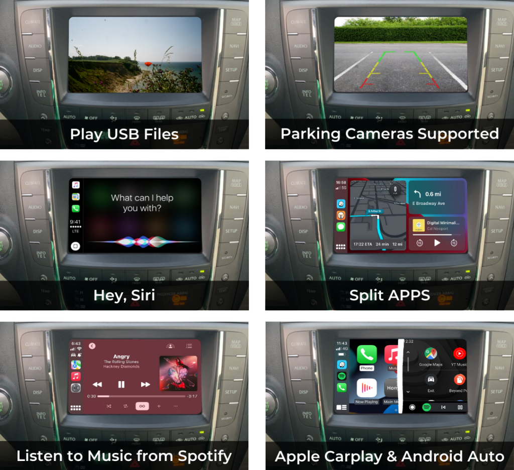 Lexus IS 2009-2012 infotainment with Apple CarPlay, Android Auto, USB media, parking camera, Siri, split apps, and Spotify.