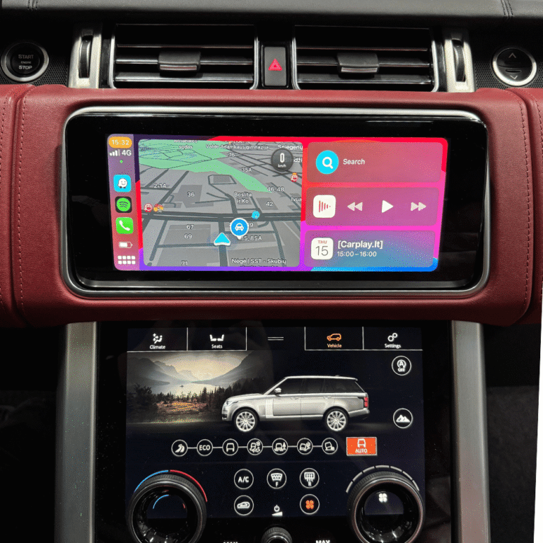 Aktyvuotas Apple Carplay funkcionalumas Land Rover automobilyje.