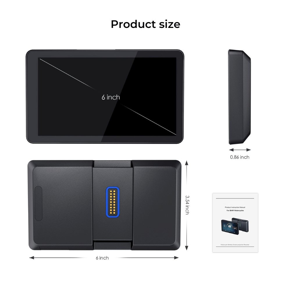 Size and dimensions of the bmw motorcycle screen displayed, highlighting its compact design and portability features.