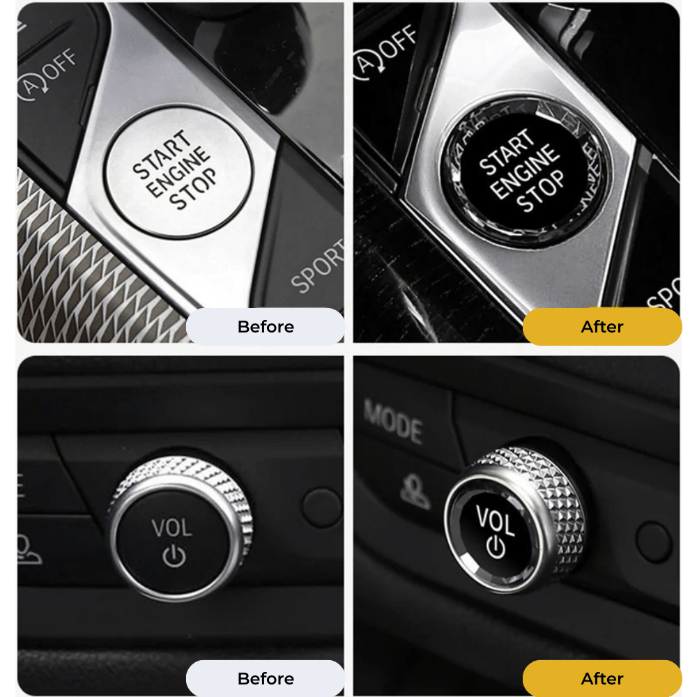 Four comparison images showing "Start Engine Stop" and "VOL" buttons in a car before and after the addition of decorative metal covers.