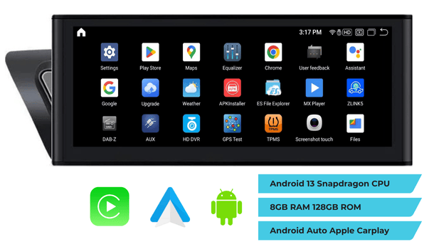 Automobilio multimedijos sistemos ekrane rodoma Android sąsaja su įvairių programų piktogramomis, įskaitant Play Store, Maps, Chrome ir kitas. Toliau išvardytos funkcijos: Android 13 Snapdragon procesorius, 8 GB RAM 128 GB ROM ir suderinamumas su Android Auto Apple CarPlay.