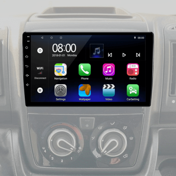 The Fiat Ducato multimedia system is perfectly integrated into the interior design. Touchscreen and Android operating system.