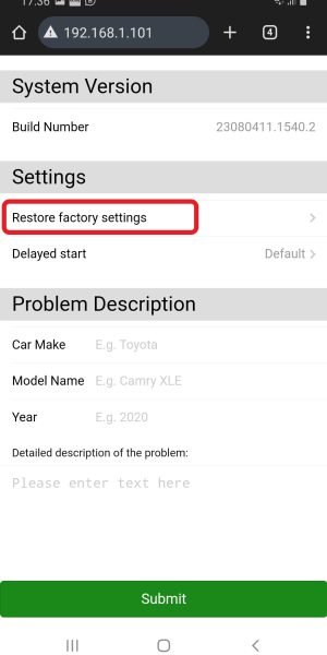 restore factory settings OK
